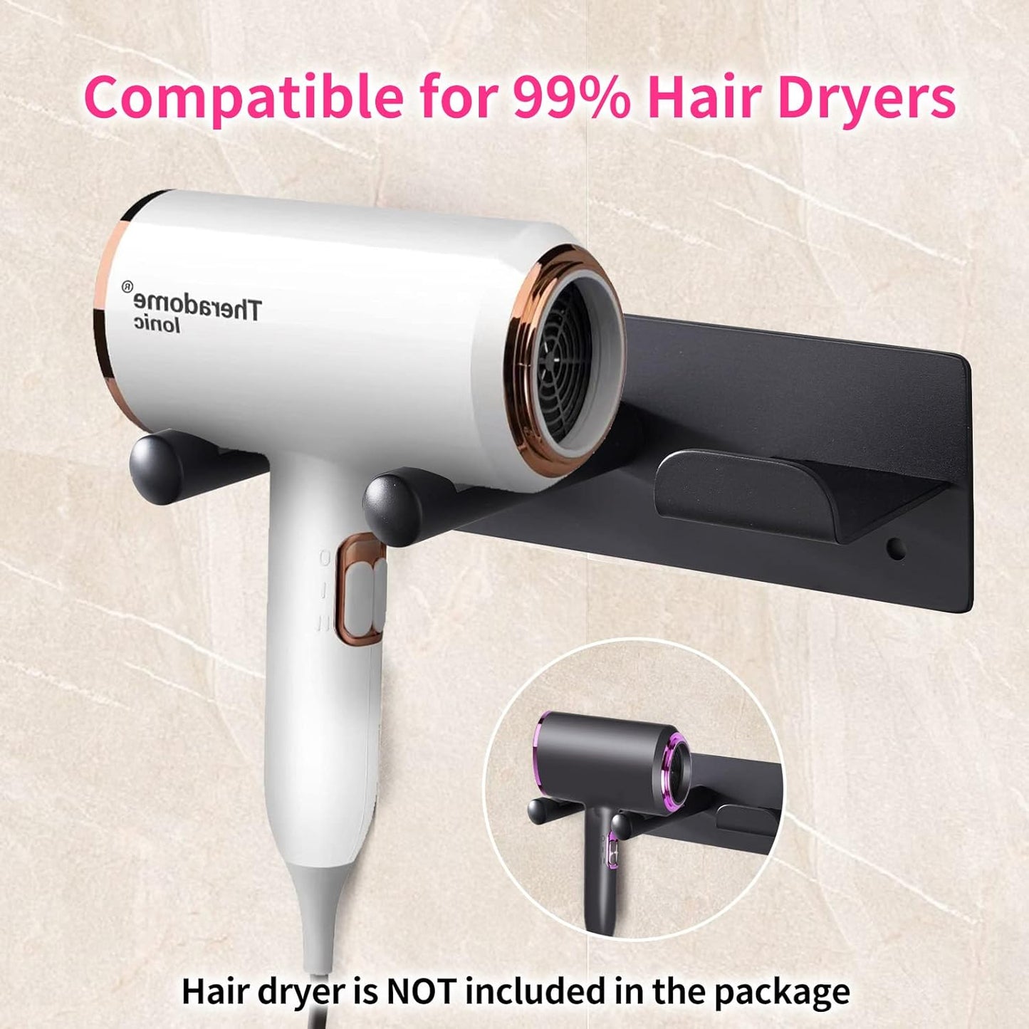 Hair Dryer Holder Wall Mounted, Self Adhesive Blow Dryer Holder Hair Dryer Organizer Hair Dryer Holder Wall Mounted Compatible with Dyson Blow Dryer Black Banjekt