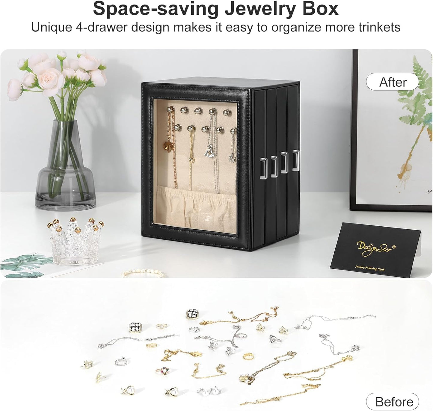 DesignSter Jewelry Box Organizer, Jewelry Box for Women, PU Jewelry Organizer Display Case with Side Drawers, Jewelry Storage for Earring Necklace Ring Bracelet Watch