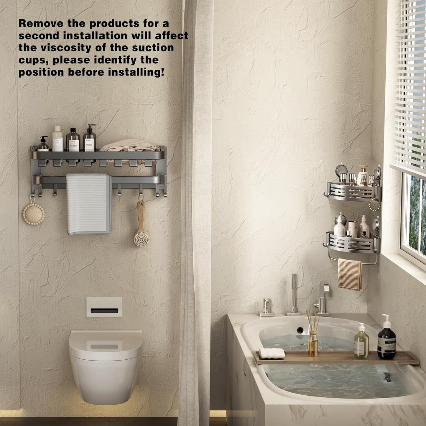 VOLPONE Corner Shower Caddy Suction Cup Shower Shelf Corner No Drilling Bathroom Shower Organizer Storage Rack Adhesive with Towel Bar Hooks (2-Pack, Matte Gray)