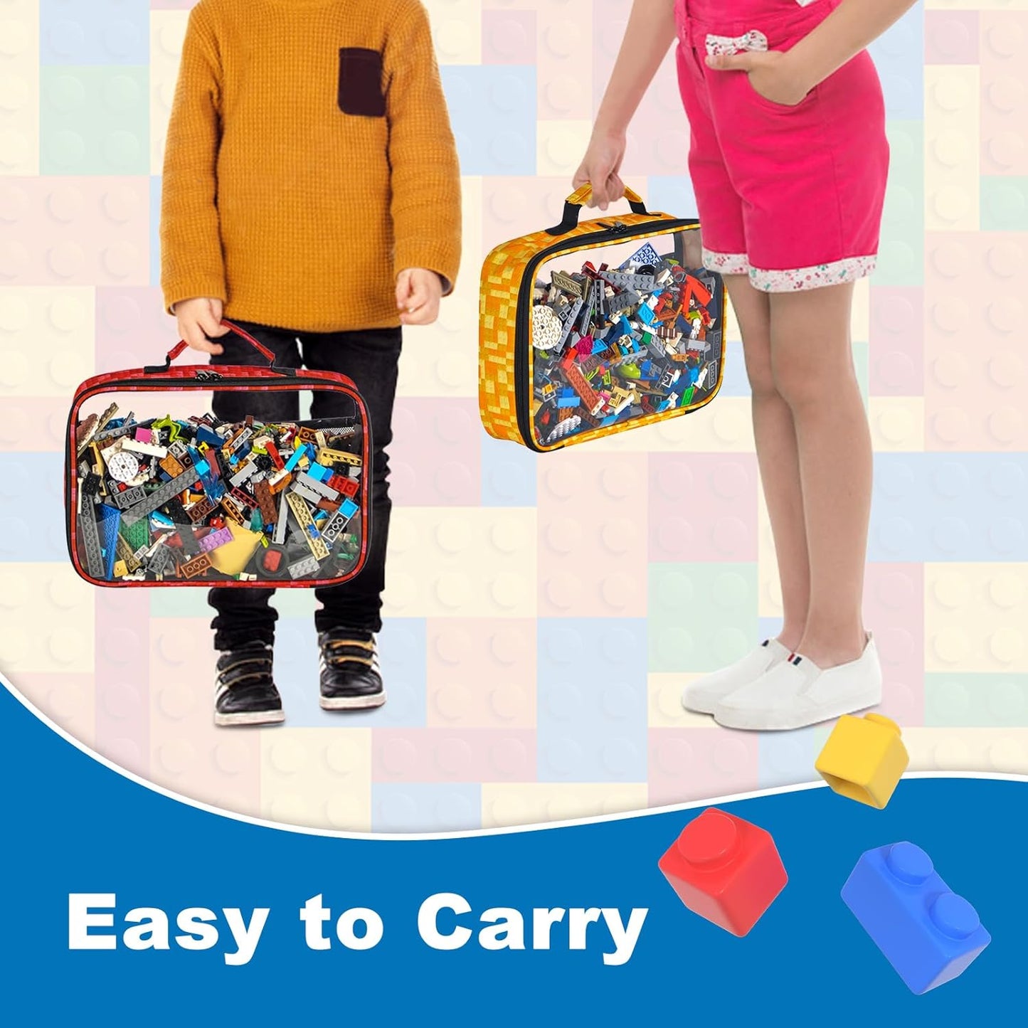 5 PCS Toys Storage Bags for kids,Travel Organizer Pouch Case for Toy Bricks, Puzzles, Building Blocks,Waterproof Colorful Print Design with Handle (Transparent)