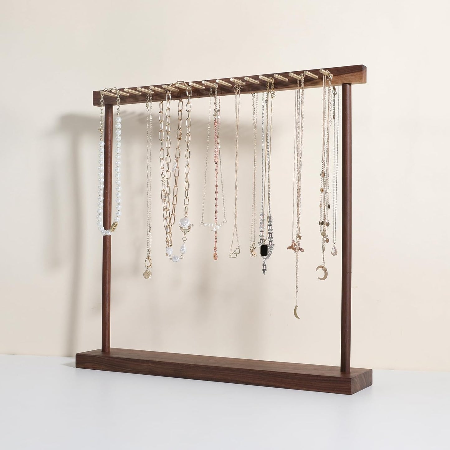 GemeShou Large necklace hanger shelf with 17 copper bars, Wooden jewelry storage organizer rack for hanger necklace bracelet, necklace display stand for boutique store【Walnut】
