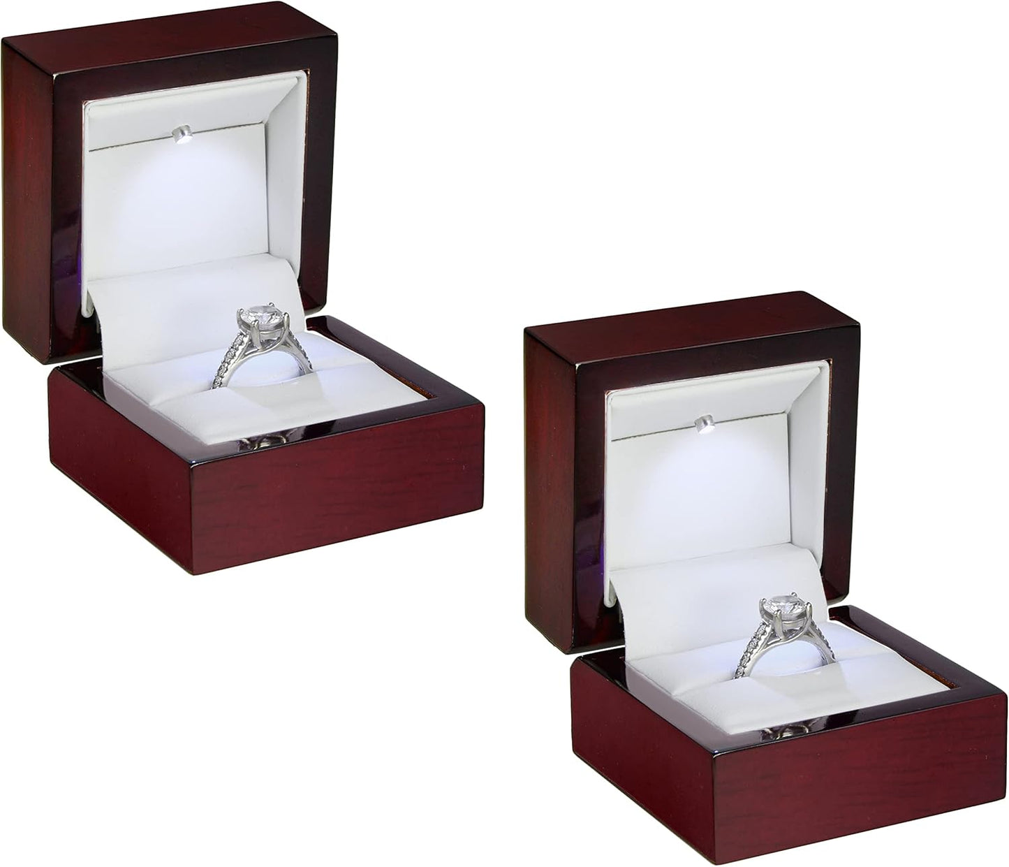 Allure - 2 Pack, Luxury Ring Box With LED Light, Authentic Mahogany Wood With White Leatherette Insert, Square Elegant Diamond Ring Case For Unique Proposal Or Wedding, Small Jewelry Display Gift Box.