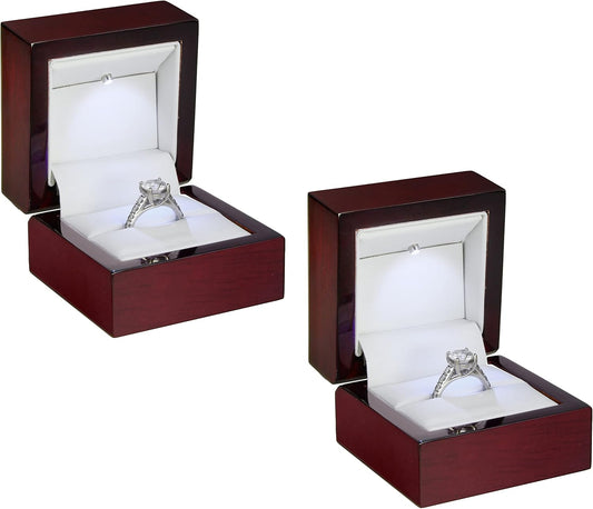Allure - 2 Pack, Luxury Ring Box With LED Light, Authentic Mahogany Wood With White Leatherette Insert, Square Elegant Diamond Ring Case For Unique Proposal Or Wedding, Small Jewelry Display Gift Box.