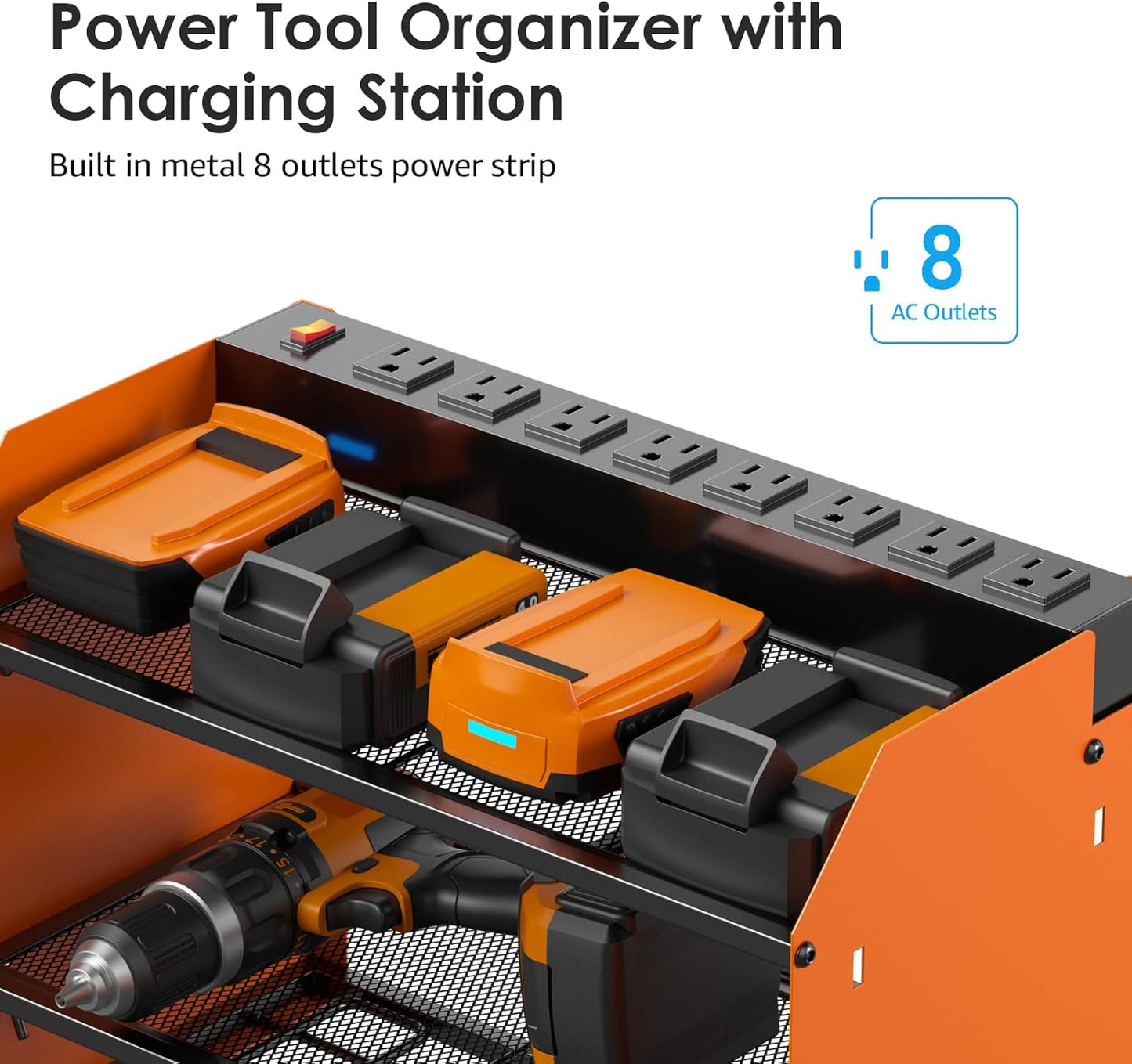 CCCEI Modular Power Tool Organizer Wall Mount with Charging Station. Garage Drill Storage Shelf with Hooks, Heavy Duty Rack, Tool Battery Holder Built in 8 Outlet. Gift for Men. Orange, 1 Pack.