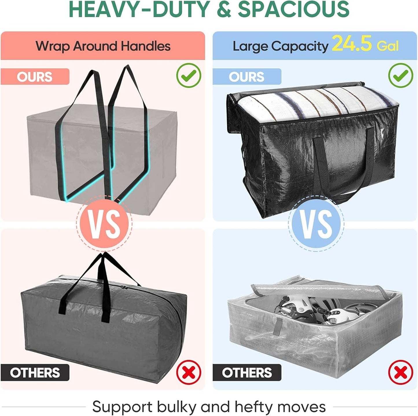 BALEINE 2-Pack Oversized Moving Bags with Reinforced Handles, Heavy-Duty Storage Tote for Clothes, Moving Supplies (Black, 2-Pack)