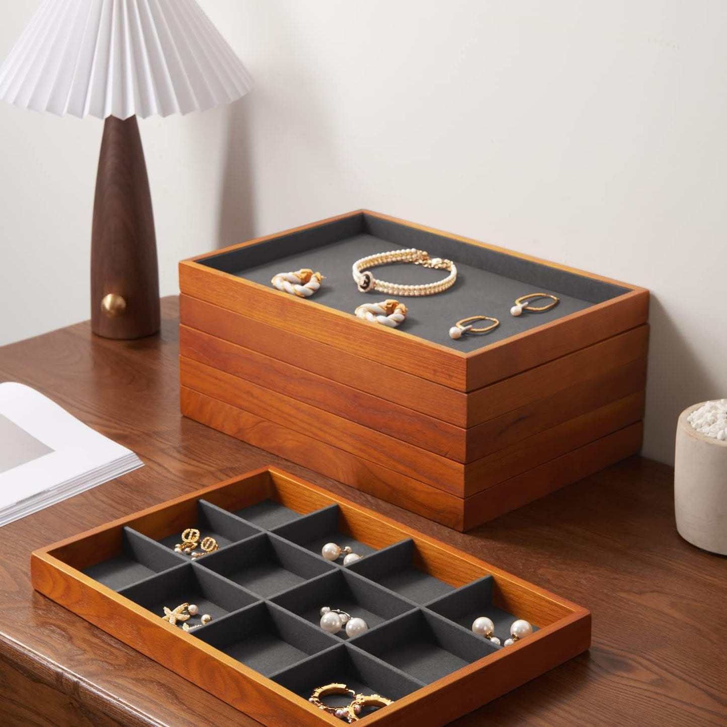 Oirlv Wood 24 Grids Jewelry Tray with Removable Inserts Jewelry Pads Necklace/Pendant Display Organizer Tray(Grey)