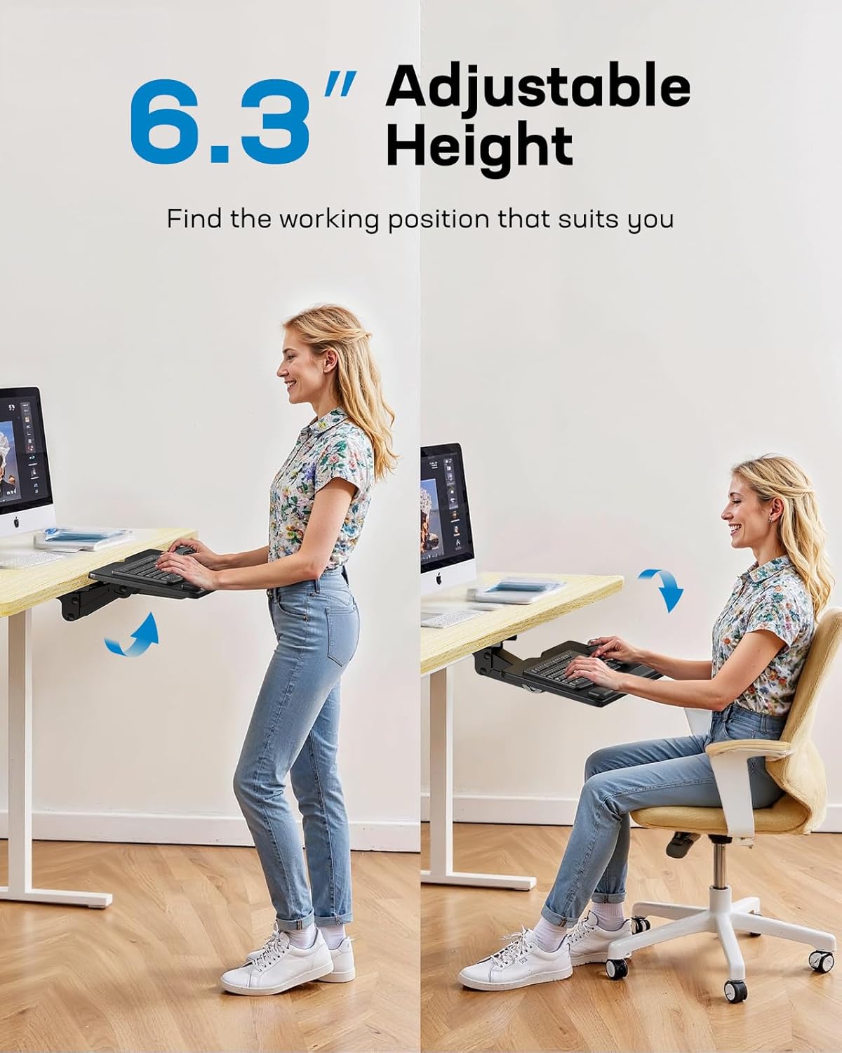 HUANUO Keyboard Tray Under Desk, Adjustable Ergonomic Keyboard & Mouse Tray, Flat Bottom Or Cross Beam Installation, Smooth Sliding Keyboard Holder for Typing in Home Office, Easy Setup, 25″W x 9.84″D