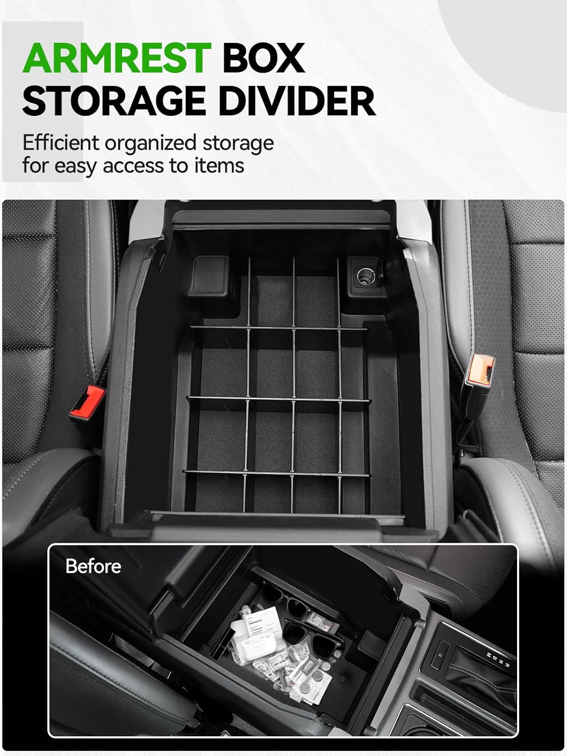 ELECFRESH 2PCS Center Console Organizer for 2024 2023 2022 2021 Ford F150 Accessories, Armrest Storage Box and 16-Compartments Divider for Ford F150