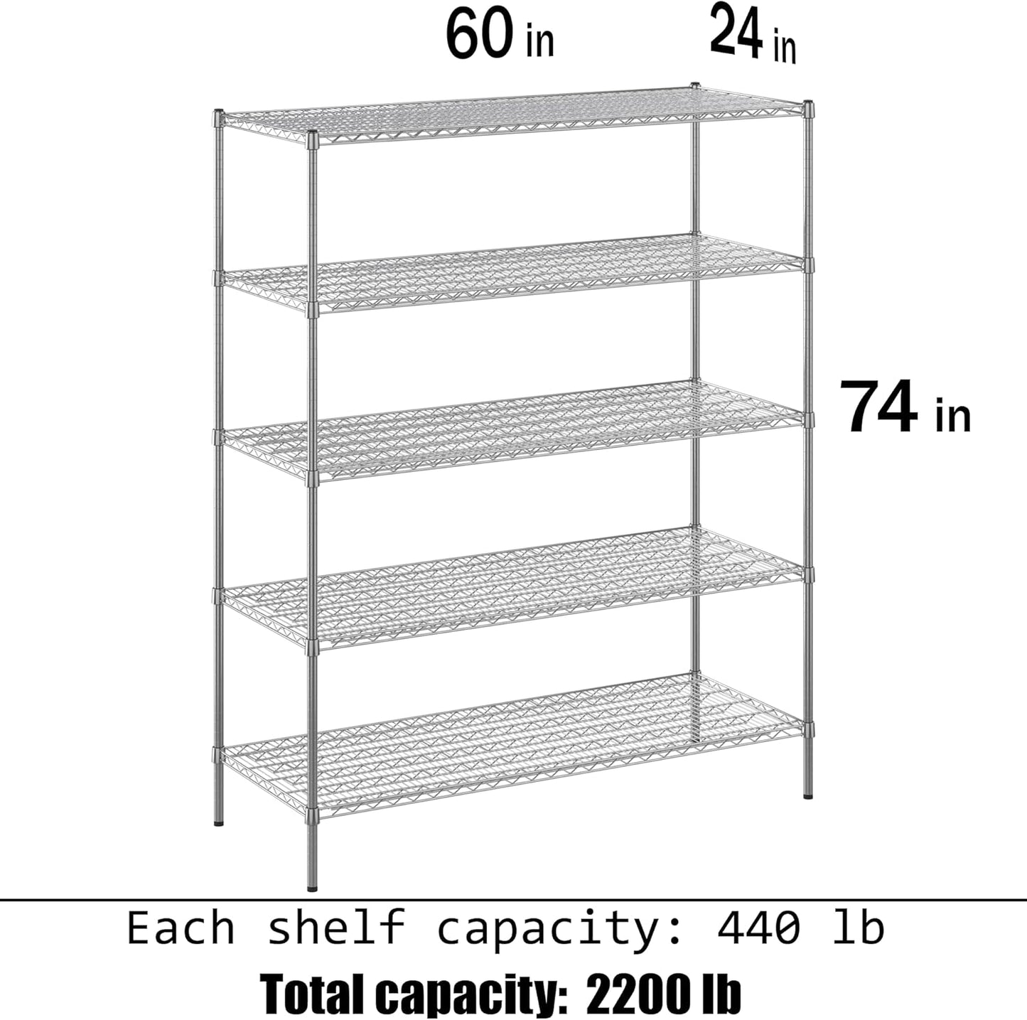 24" Deep x 60" Wide x 74" Height Wire Shelving Kit | 5-Tier | NSF Commercial Storage Rack Unit