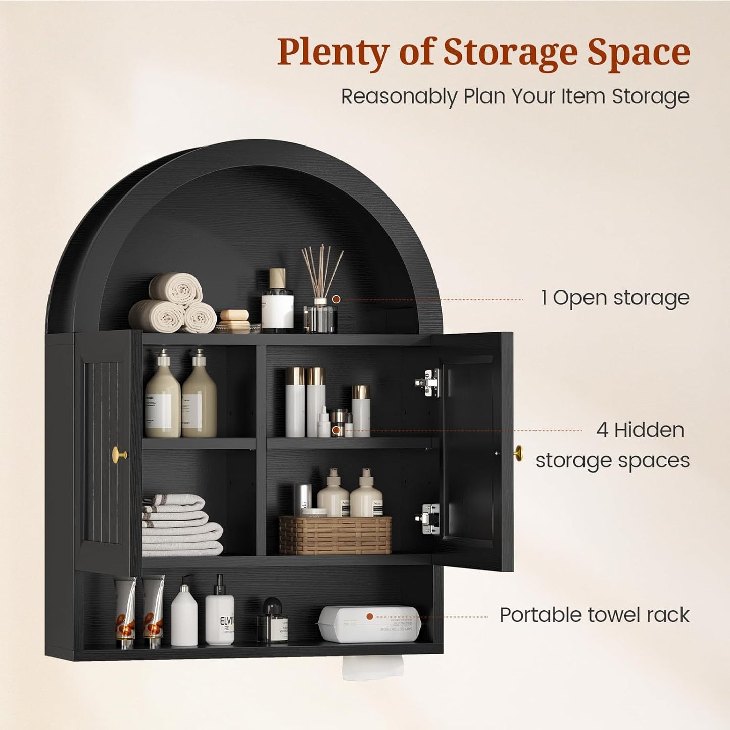 Arched Bathroom Wall Cabinet, 27.4 x 36.4'' Over The Toilet Cabinet with Grille Door, Adjustable Shelf, Wall Mounted Cabinets for Bathroom Laundry Room Kitchen (Black, 36IN)