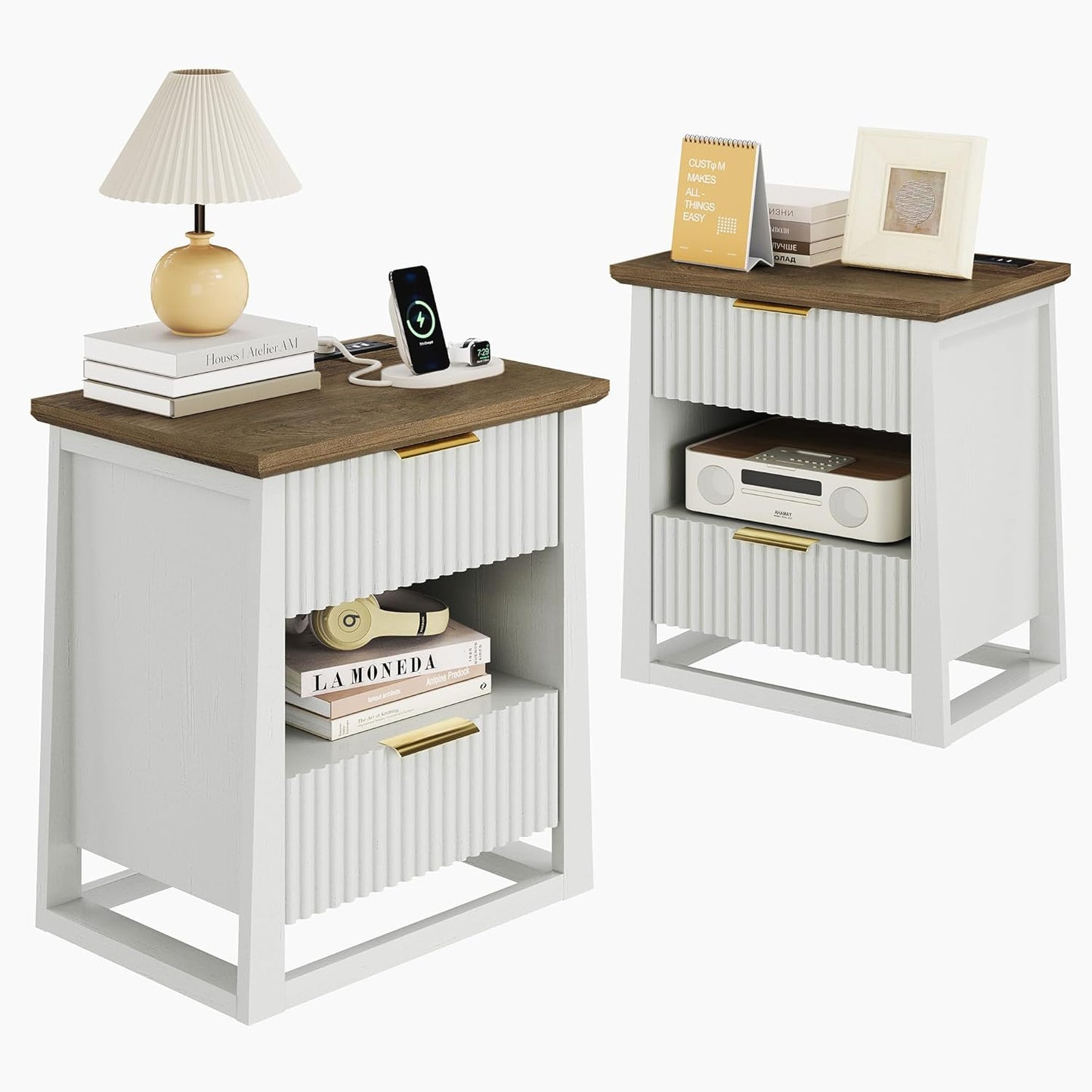 HIFYOBRO Fluted Nightstands Set of 2 with Charging Station & Motion Sensor Light, Modern Bedside Tables with 2 Drawers and Storage Shelf for Bedroom, White