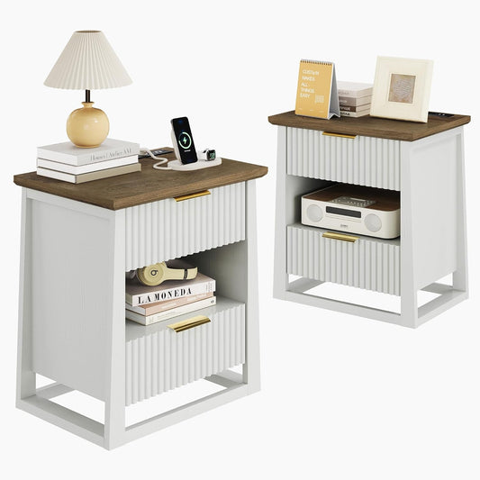 HIFYOBRO Fluted Nightstands Set of 2 with Charging Station & Motion Sensor Light, Modern Bedside Tables with 2 Drawers and Storage Shelf for Bedroom, White