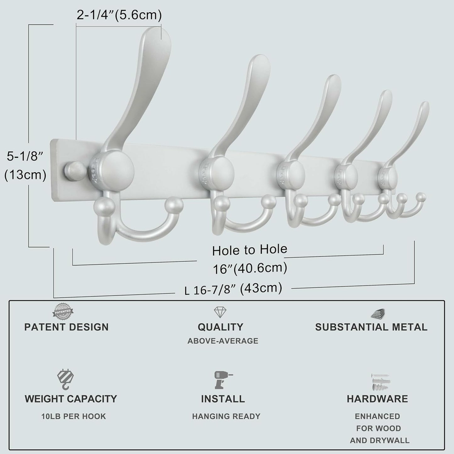 Dseap Coat Rack Wall Mount 2.0 Pro: Heavy Duty 300% Thicker, 16" Stud Mount, Stainless Steel Wall Coat Hooks Hanger for Clothes Jackets Hats Entryway Closet, MaxStrong Series, Silver
