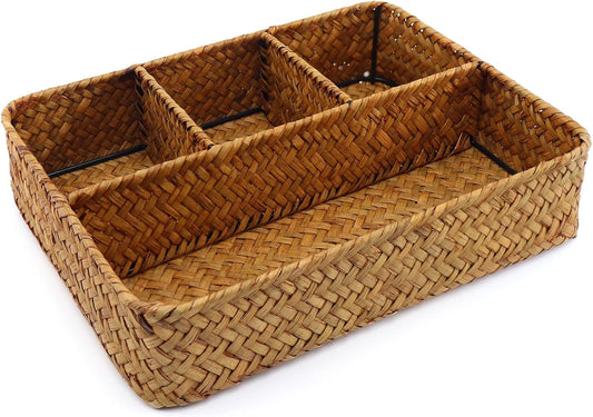 Wicker Baskets 4-Section Tea Bag/Sugar Packet Holder,Seagrass Woven Compartment Organizer,Storage Rattan Divided Basket,Office-Desk Baskets for Shelves,Pantry,Coffee Station Organizer,Countertops