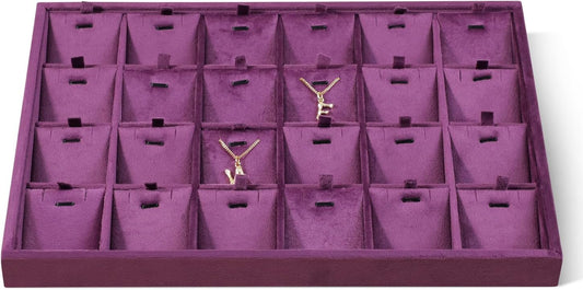 Velvet Necklace Display Tray, Stackable 24 Grid Insert Pendant Necklaces Storage Holder Plate, Jewelry Retail Countertop Organizer (Purple)