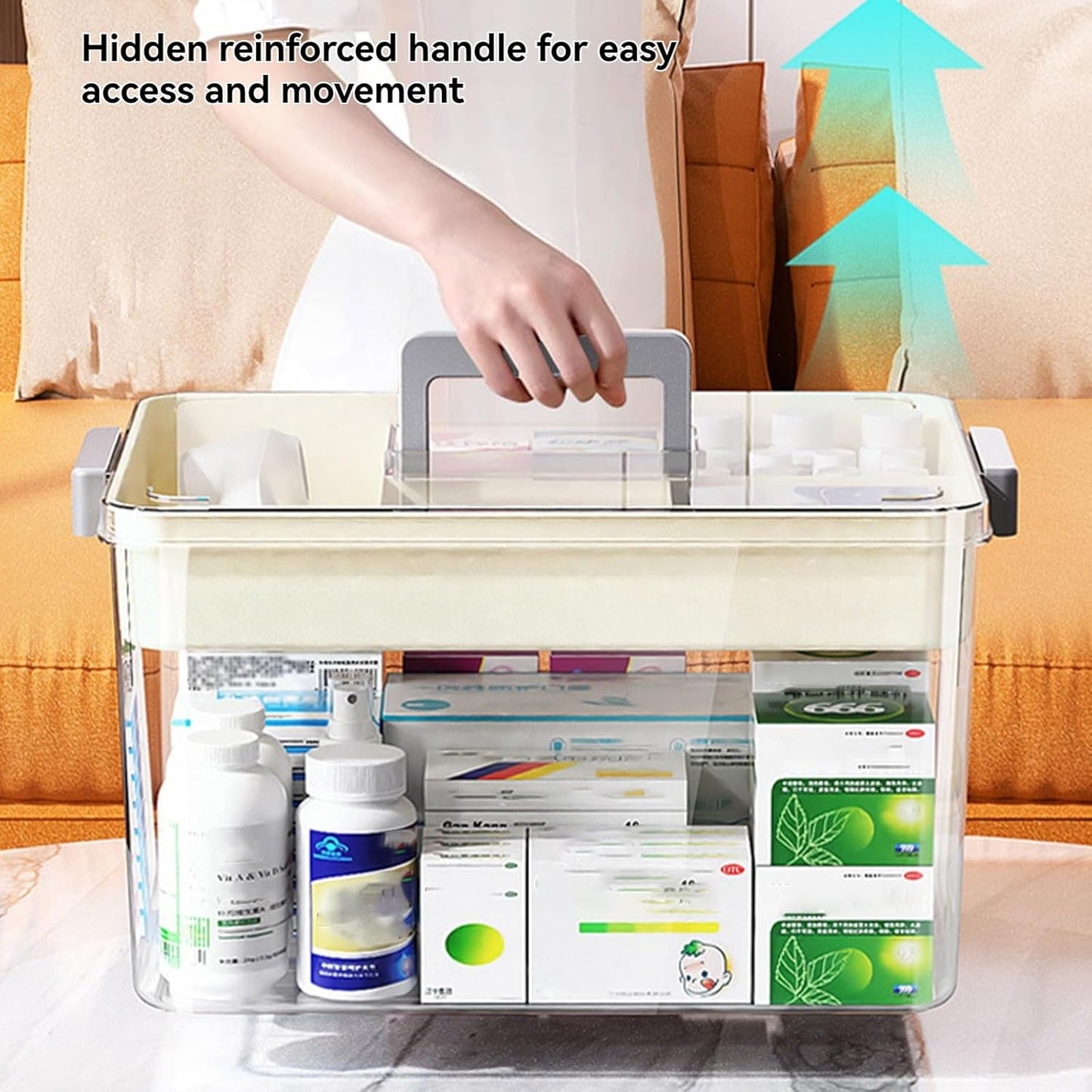 2-Tier Medicine Storage Box with Handle, Clear Plastic First Aid Organizer for Home & Travel, Multi-Compartment Emergency Supplies Container, Family Medicine Box, Pill Bottle Organizer