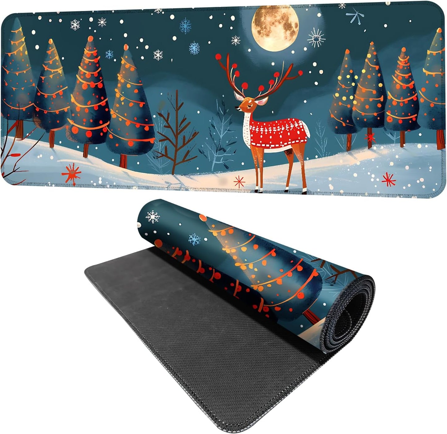 Christmas Reindeer Mouse Pad– Large Extended Desk Mat with Holiday Winter Snow Scene, Non-Slip Base Keyboard Pad for Home Office, Gaming, Workstation,31.5 x 11.8 in