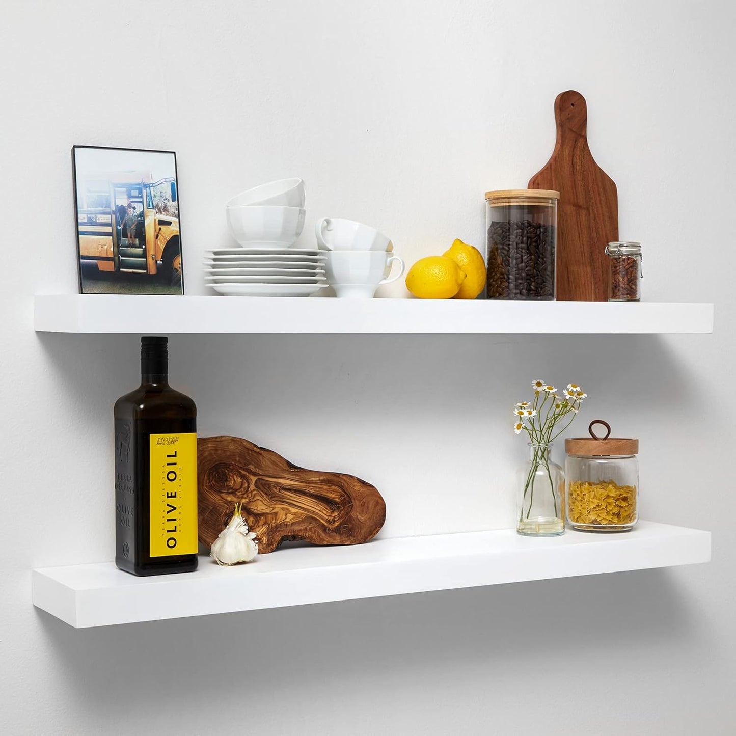 Homeforia White Floating Shelves 36 inch, High End Solid Real Wood 36inch Floating Shelf for Wall Mounted, White Wooden 36in Long Floating Shelves, Heavy Duty Bracket, 36 X 6.5 X 1.75 inches, Set of 3