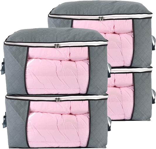 combocube Comforter Storage Bag, Zippered Bag with Large Clear Window and Carry Handles, Space Saver Organizers for Closet, Blanket, Pillow, Quilt, Bedding, Clothes (4Pcs Grey Large)