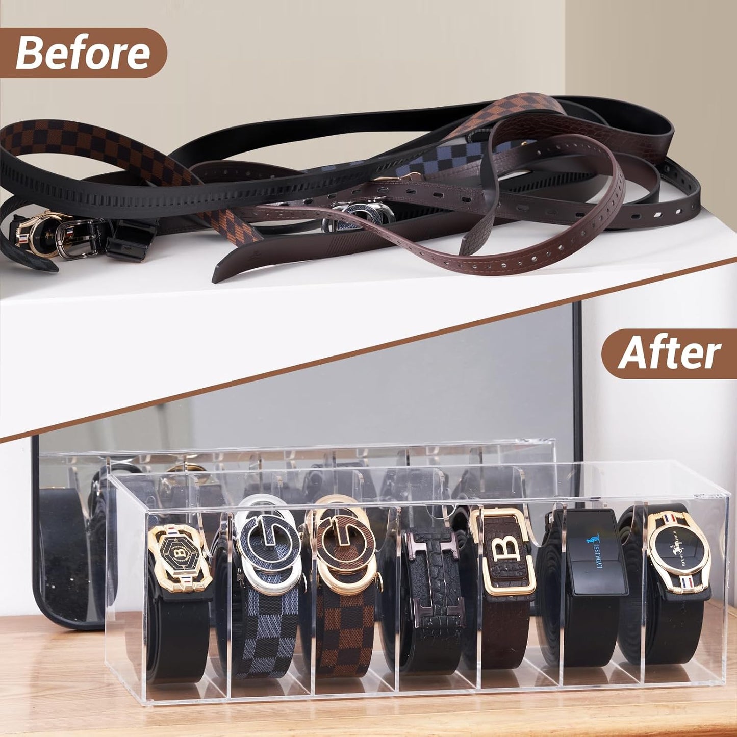 Acrylic Belt Organizer for Closet - 7 Compartments With Dust Cover Transparent Storage Holder | Display Case for Makeup, Jewelry, Watches, Bow Tie, & Bracelets | Multipurpose Clear Containers