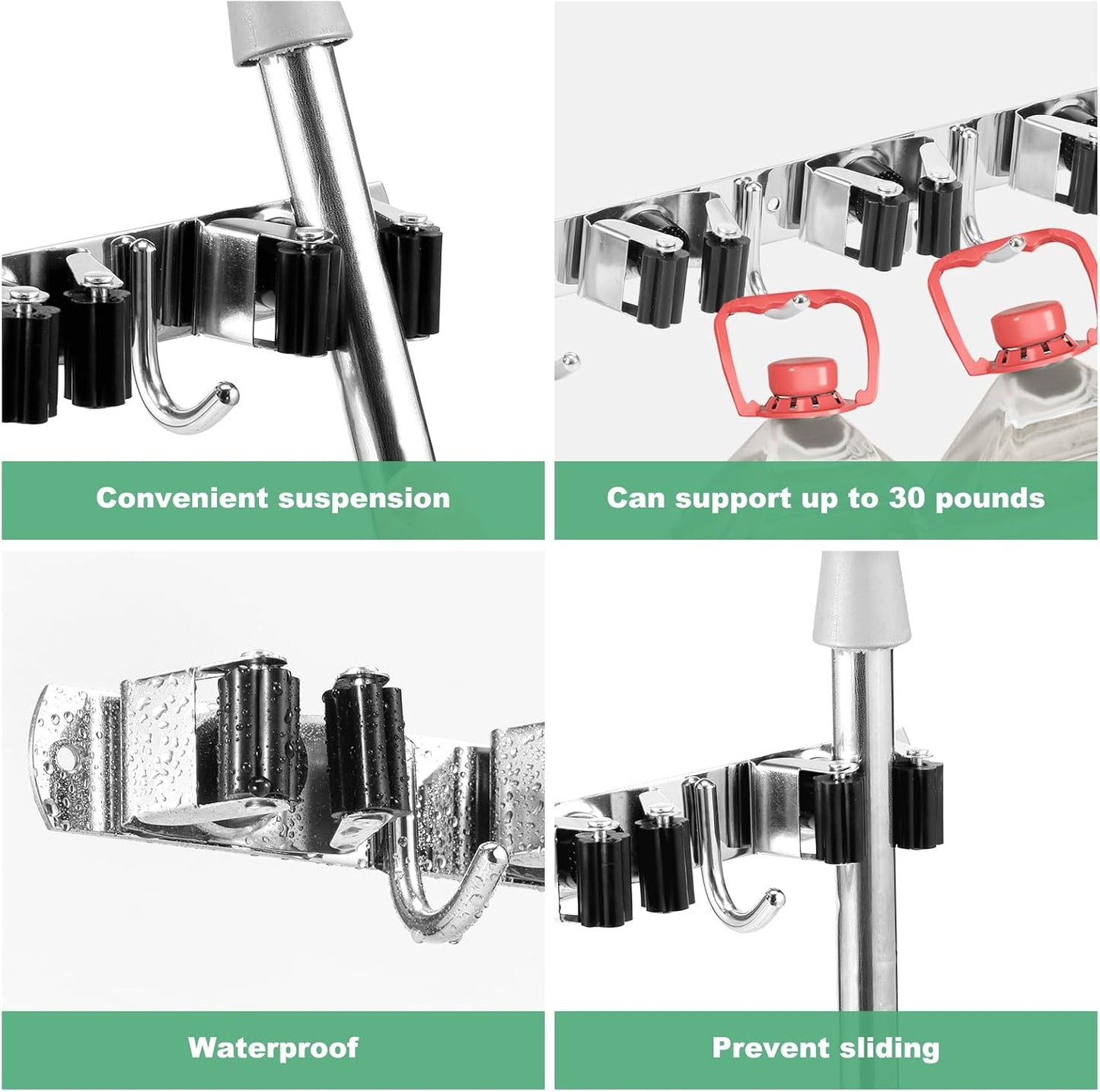 3 Pack Broom Holder Wall Mount 5 Racks 4 Hooks Stainless Steel Broom Mop Holder Anti Slip Storage Rack Strong Load Bearing Waterproof Broom and Mop Organizer Wall Hanging for Bathroom Kitchen Garage