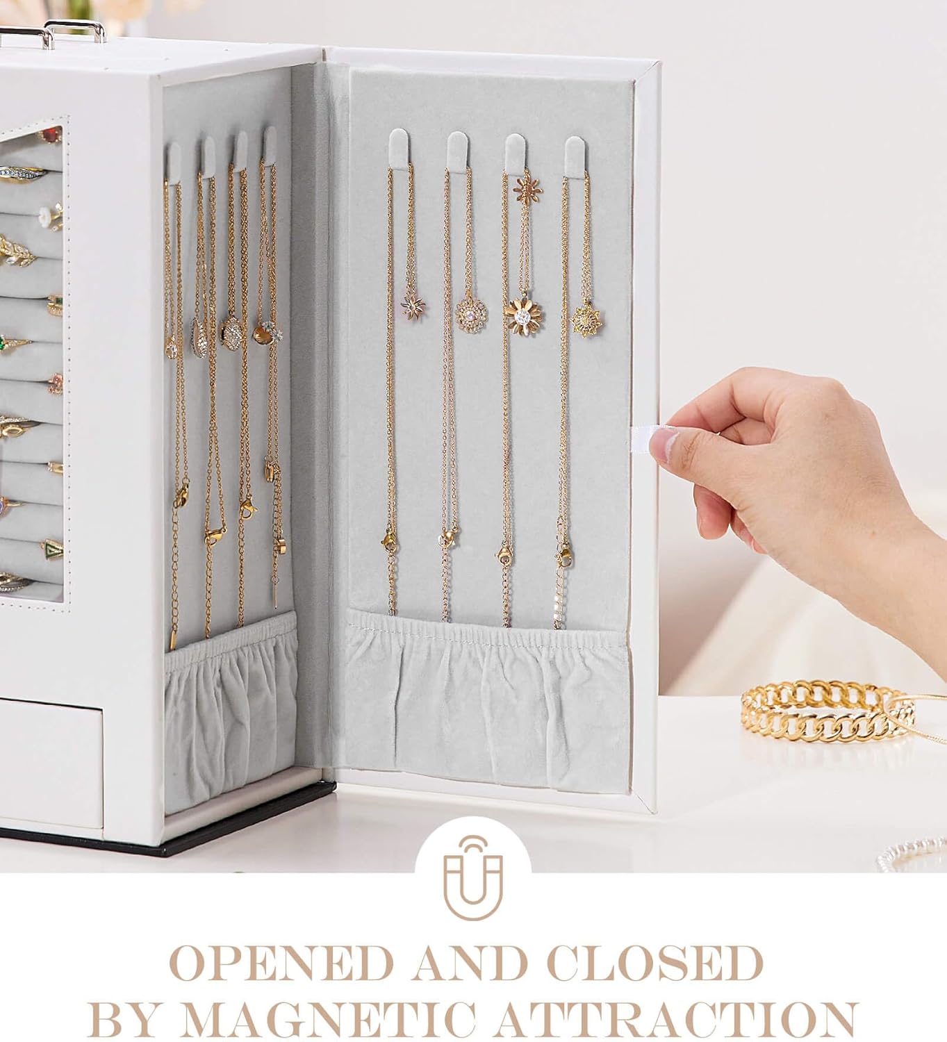 Homde Jewelry Organizer with Transparent Window Necklace Hooks Gift for Women Jewelry Box Display Case for Necklaces Rings Earrings Bracelets and Other Jewelry Accessories (White)