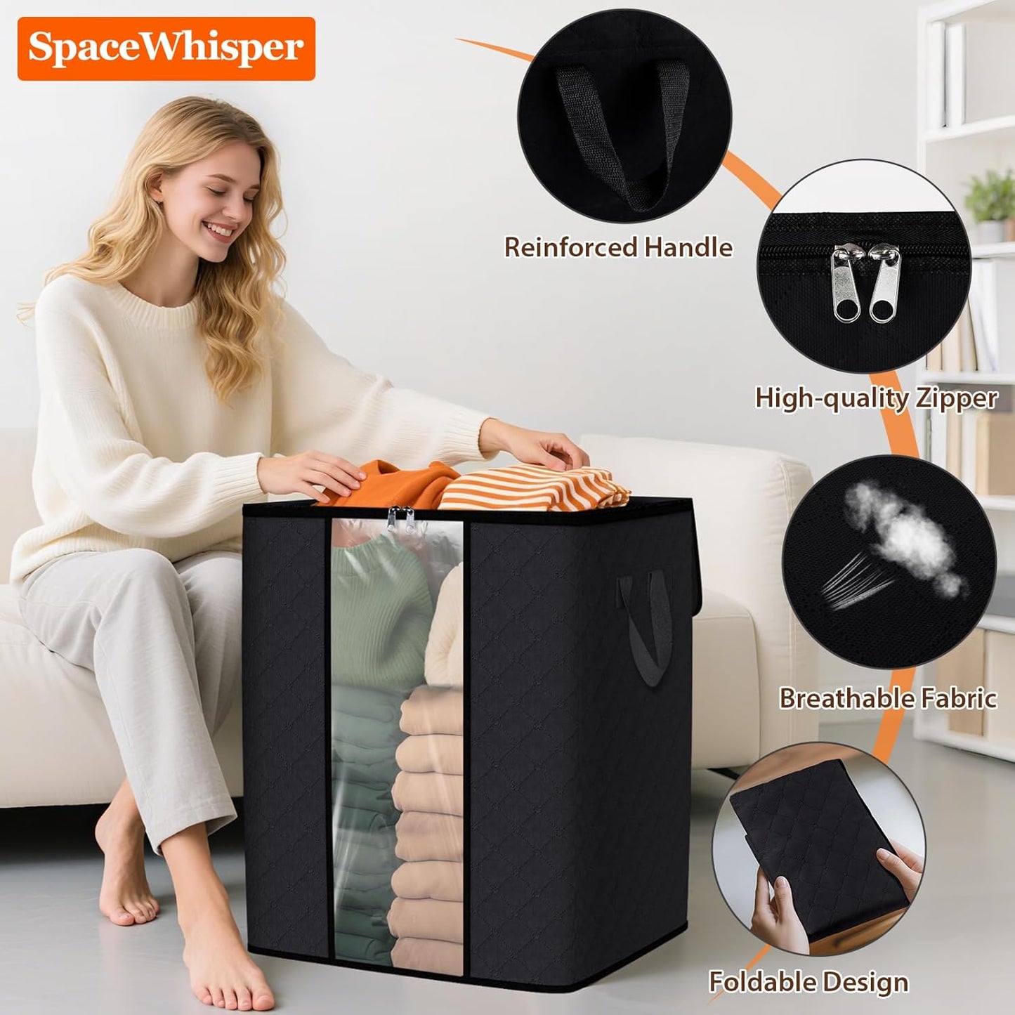 SpaceWhisper 8 Pack 100L Clothes Storage, Foldable Thick Fabric Blanket Storage Bags, Containers for Organizing Bedroom, Closet, Clothing, Comforter,Closet Organization with Handle,Black