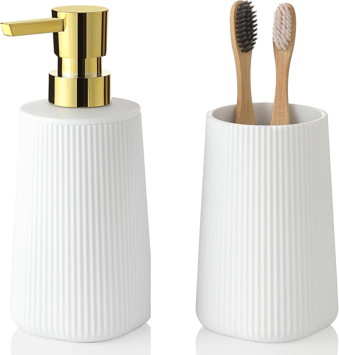 Bathroom Accessories 2 Piece Soap Dispenser and Toothbrush Holder Set Striped White and Gold
