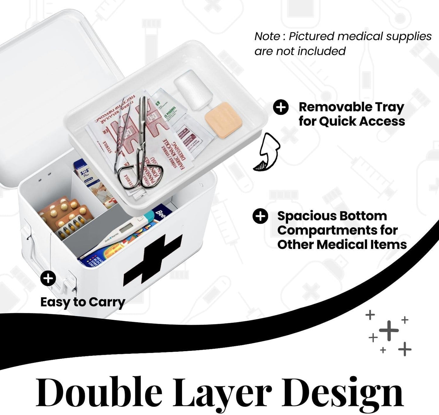 Flexzion First Aid Medicine Box Supplies Kit Organizer - Empty 8" White Metal Tin Medic Storage Bin Hard Case with Removable Tray Gold Cross, Vintage Antique Boxes for Home Family Emergency Tool Set