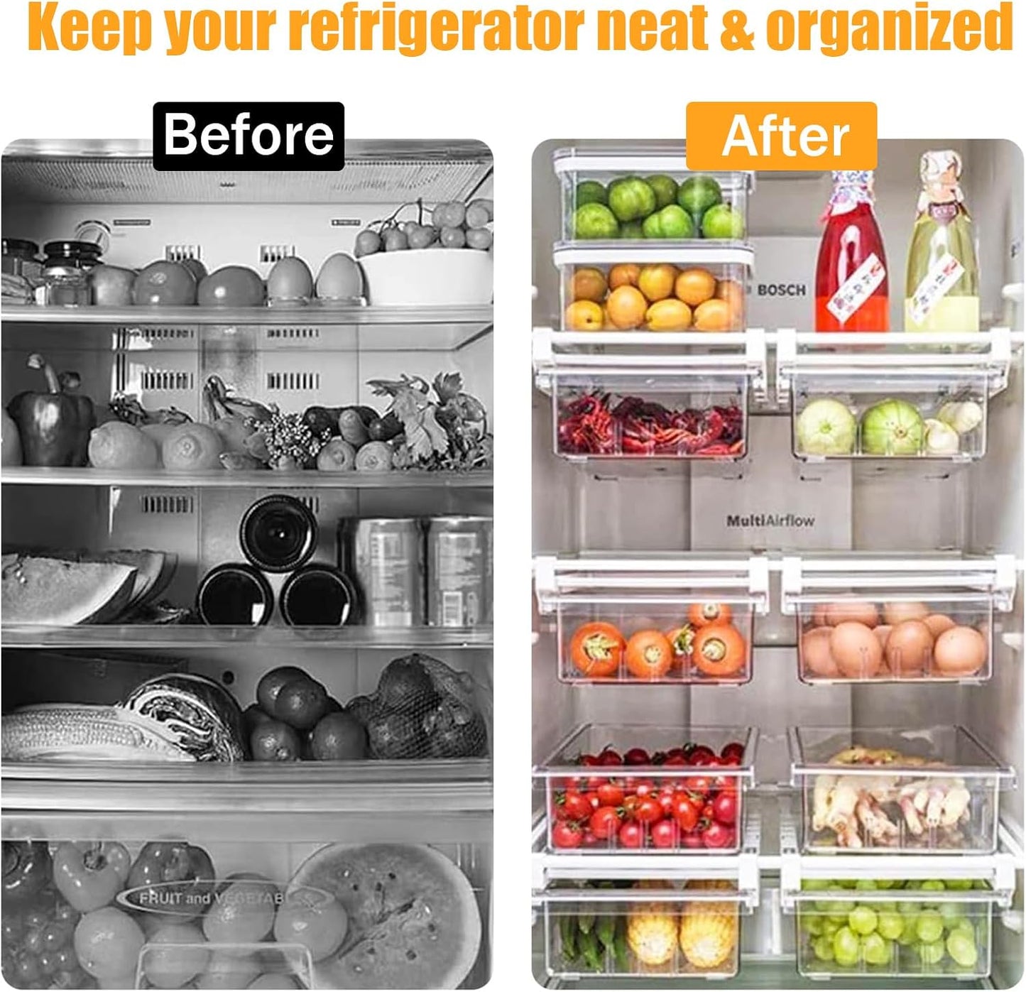 URALFA Fridge Drawer Organizer, Adjustable Refrigerator Drawers for Fruit and Vegetable, Pull Out with Handle, Shelf Holder Storage Box, Fit for Fridge Shelf Under 1.1"