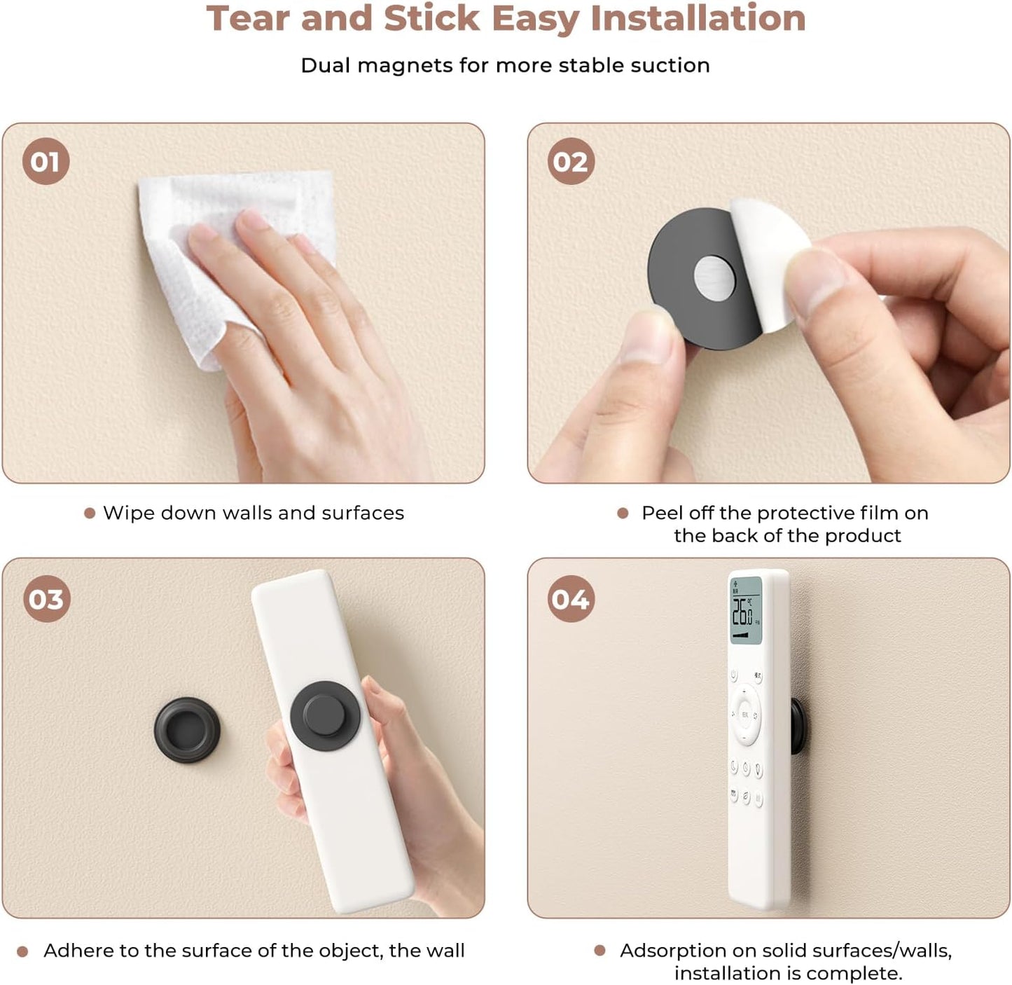 4Pcs Magnetic Remote Control Holder, Upgrades Silicone Wall Mount Self-Adhesive Remote Control Stand, Organizer Storage for Air Conditioner & TV Remotes, Caddy Back of Televisions (White