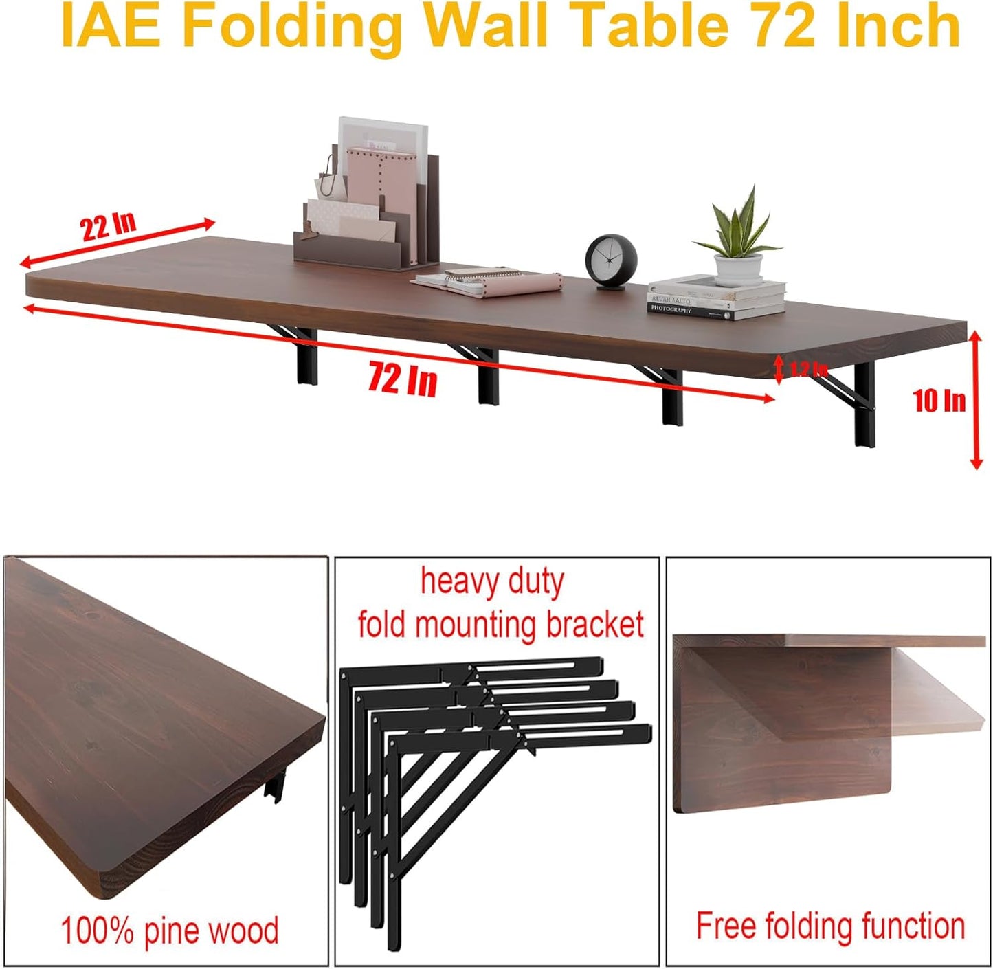 IAE Floating Wall Mounted Folding Table Desk with Pine Wood,72" x 22" Foldable Workbench,Fold Down Wall Mounted Foldable Desk with Shelf Brackets,Laundry Folding Table for Home,Dining,Kitchen,Brown