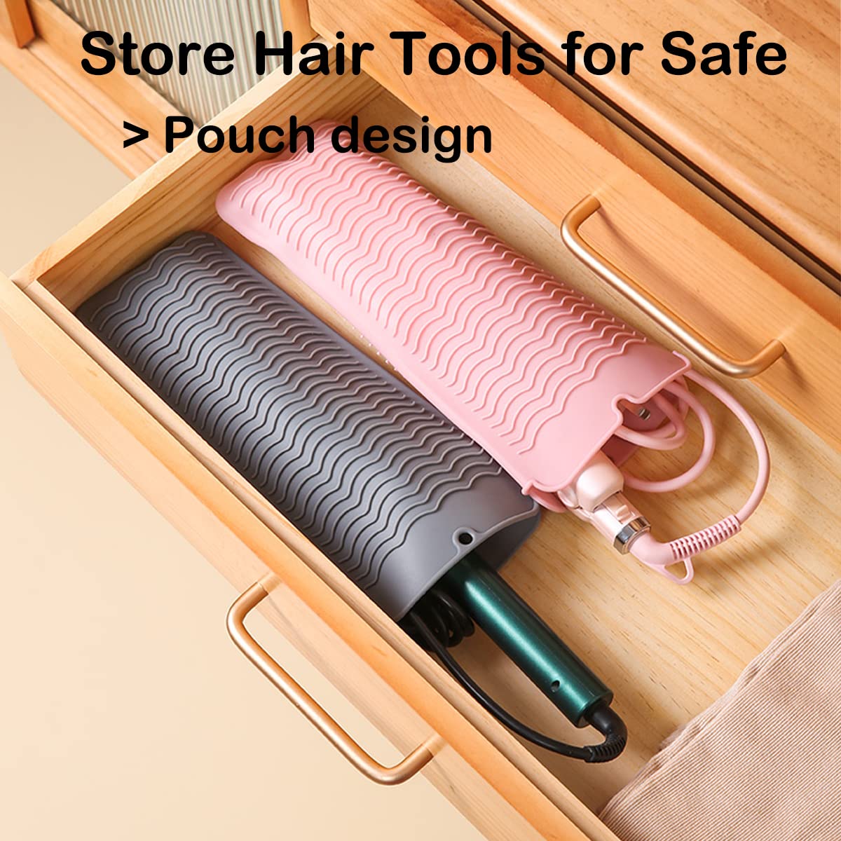 Heat Resistant Silicone Mat with Hanging Hole, Straightener Heat Resistant Travel Mat & Pouch for Curling Iron, Flat Iron and Other Hot Hair Styling Tools, 11 x 5 in, Gray