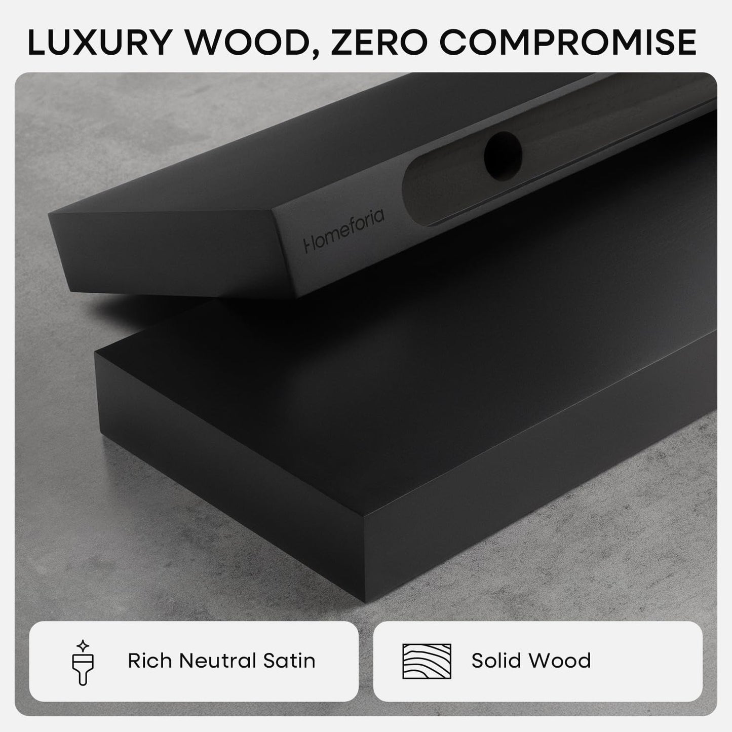 Homeforia Black Floating Shelf 48 inches, High End Solid Real Wood 48 inch Long Floating Shelves for Wall, Black Wooden 48inch Large Floating Shelves, Heavy Duty Bracket, 48 X 6.5 X 1.75 in, Set of 2
