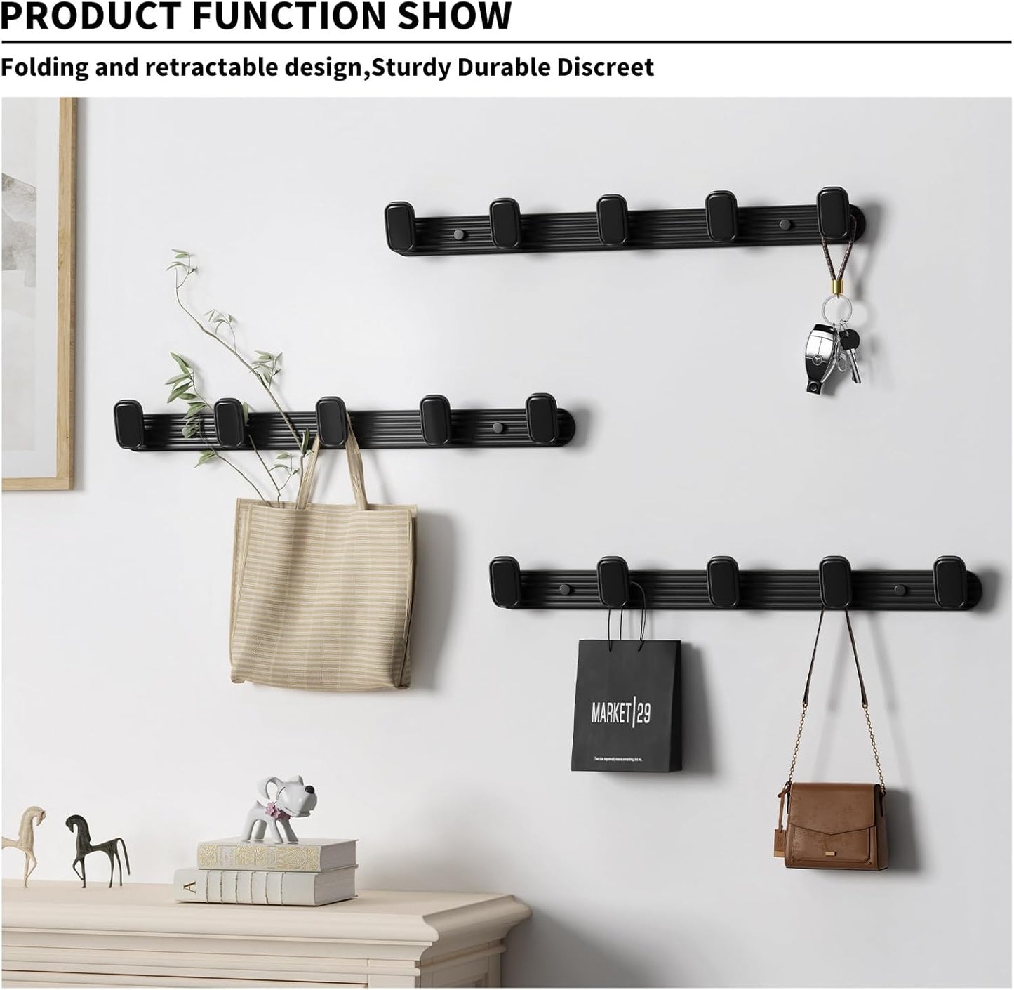 Coat Rack Wall Mount Black, 5 Hooks Rack Metal Coat Hanger Wall for Hanging Hat Purse and Robes, Towel Hook for Bathrooms and Entryway (1 Pack)