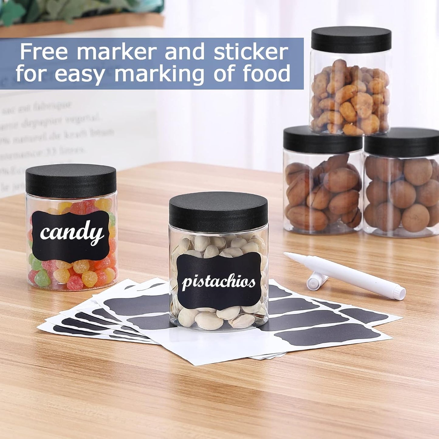 48PCS 8OZ Plastic Jars with Screw On Lids, Labels Refillable Empty Round Slime Containers for Storing Dry Food, Honey Jam, Cream, Butter, Lotion