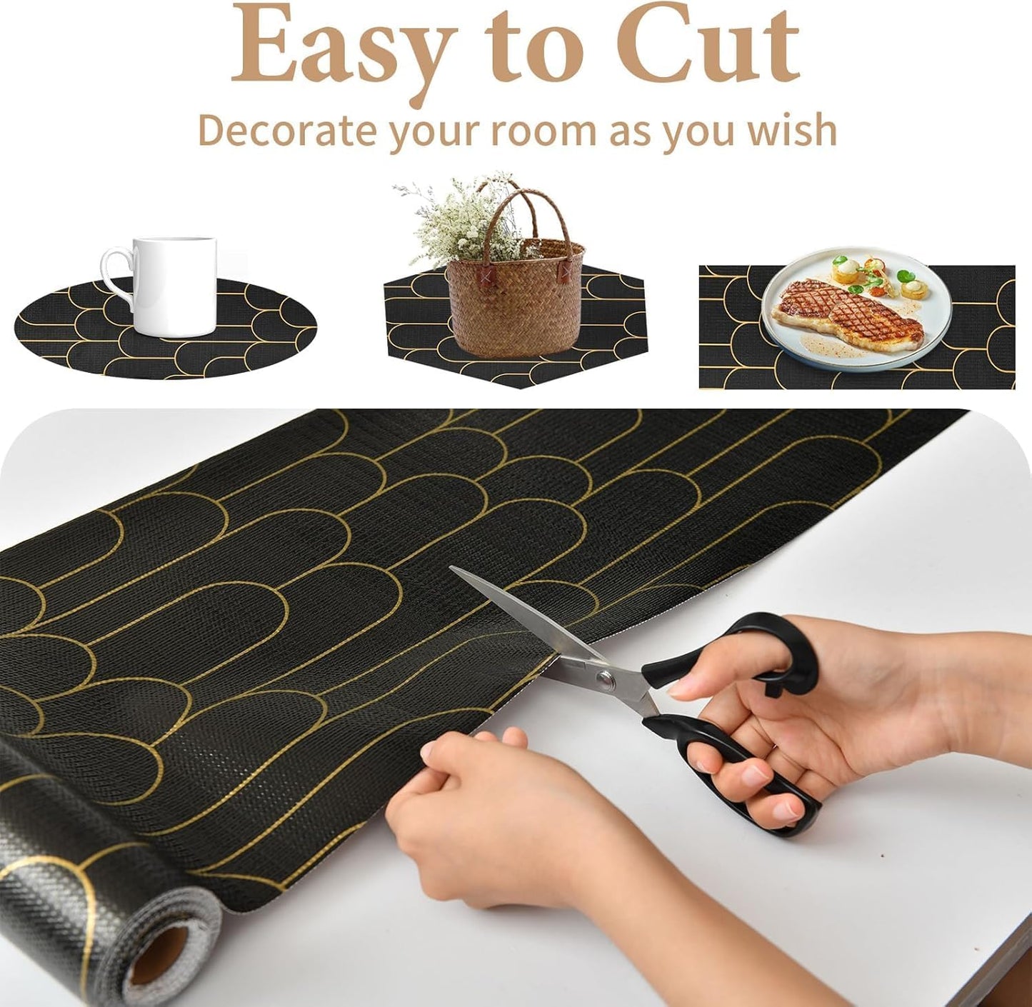 Shelf Liners for Kitchen Cabinets Drawer Liner 17.5in x 30FT Non Adhesive Black Gold Line Thickened Refrigerator Shelf Liner Paper Strong Easy to Clean for Tool Box with Knife and Tape Measure