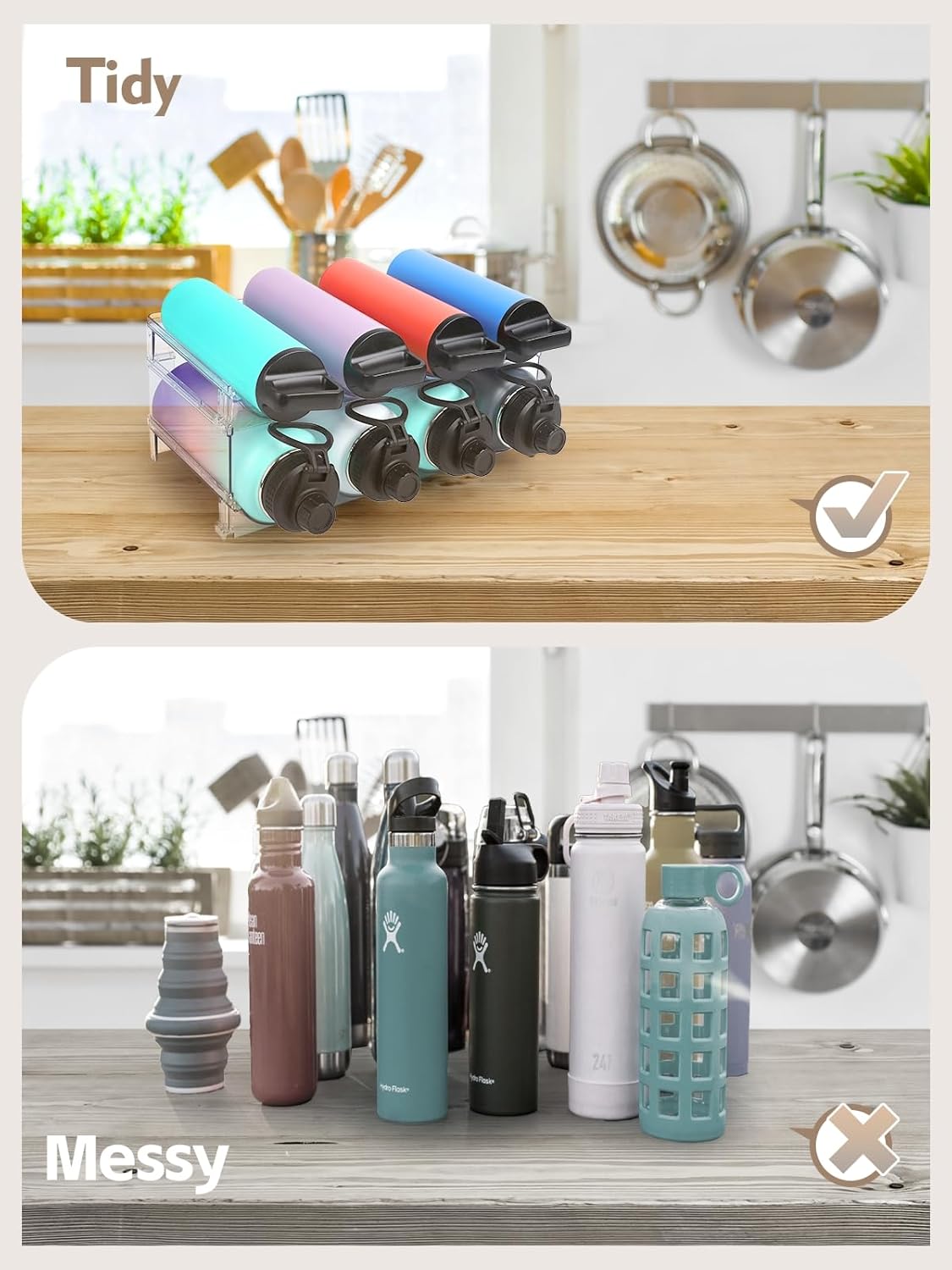 Water Bottle Organizer - 2 Pack Clear Stackable Storage Rack for Stanley Yeti and Other Tumblers - 2 Tier Wine Rack Holds 8 for Kitchen Cabinets