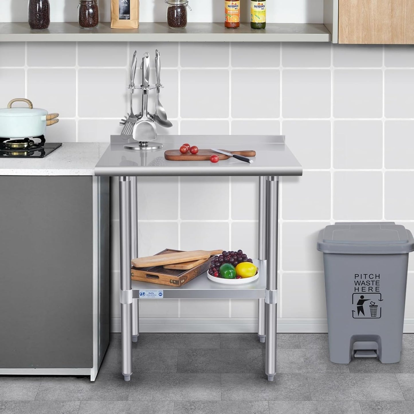 Hally Stainless Steel Table for Prep & Work 14 x 24 Inches, NSF Commercial Heavy Duty Table with Undershelf and Backsplash for Restaurant, Home and Hotel