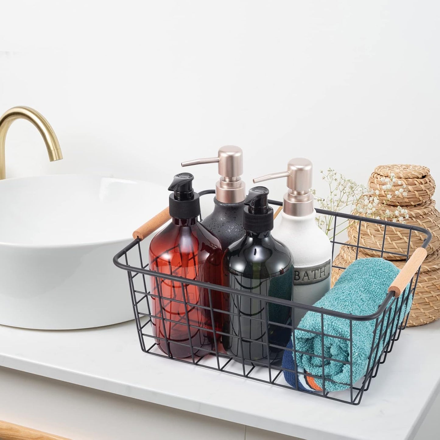 Black 2PCS Wire Storage Baskets with Wooden Handles - Organizing Pantry and Kitchen Cabinets - Metal Wire Food Storage Basket