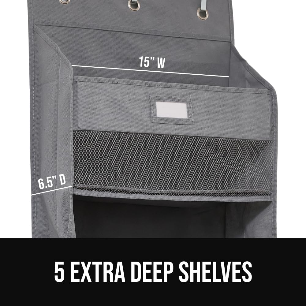 GORILLA GRIP Large Capacity Closet Organizer, 5 Deep Shelves, Holds 50lbs, Over the Door Organizers 6 Mesh Pockets, Shelf Storage for Clothes Crafts Dorm Essentials, 3 Metal Hooks, 58x15 Inches, Gray