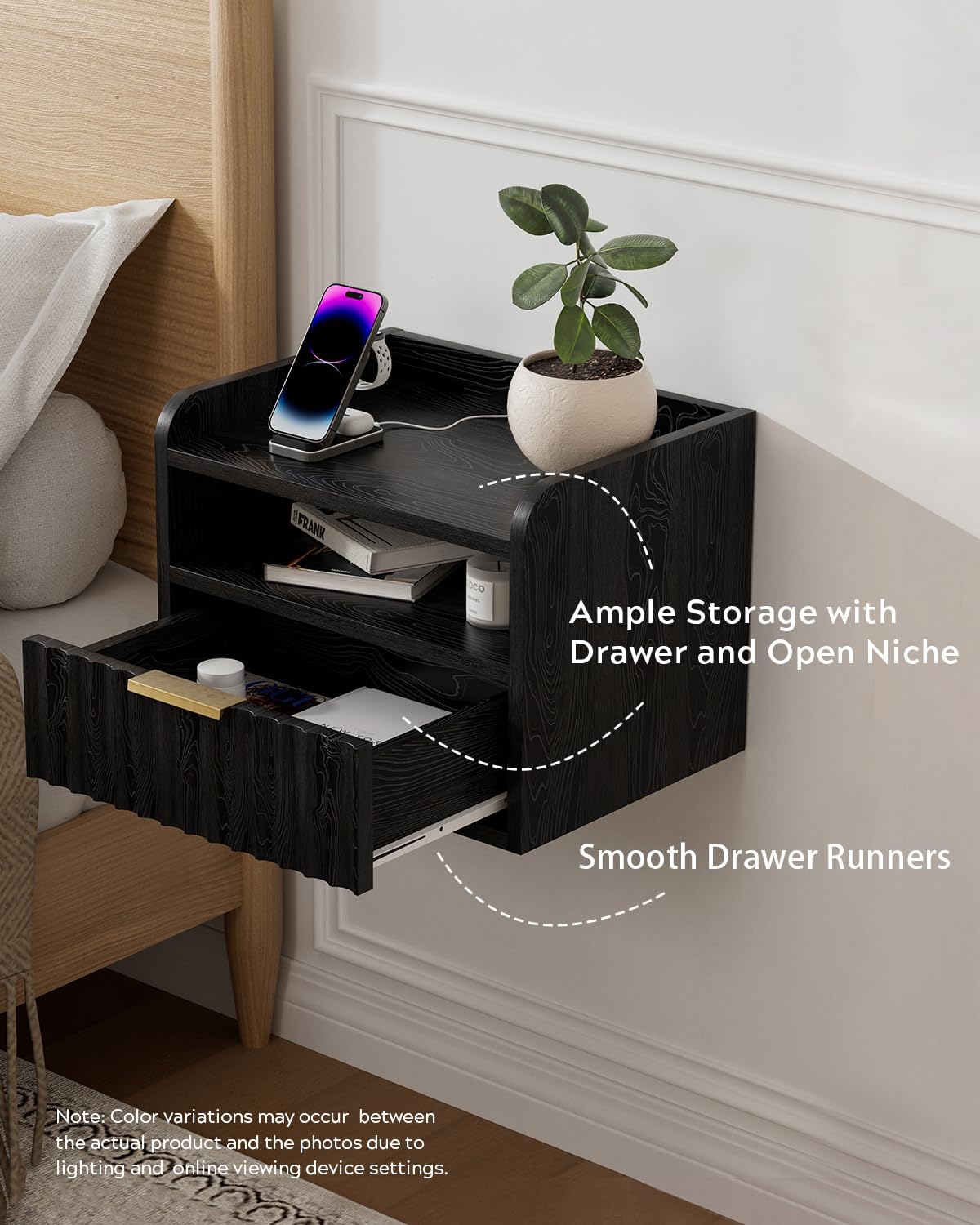 Fluted Floating Nightstand Set of 2, Wall Mounted Bedside Table with Storage Drawer and Open Shelf, Night Stand with Charging Station for Living Room, Bedroom, Dorm, Black