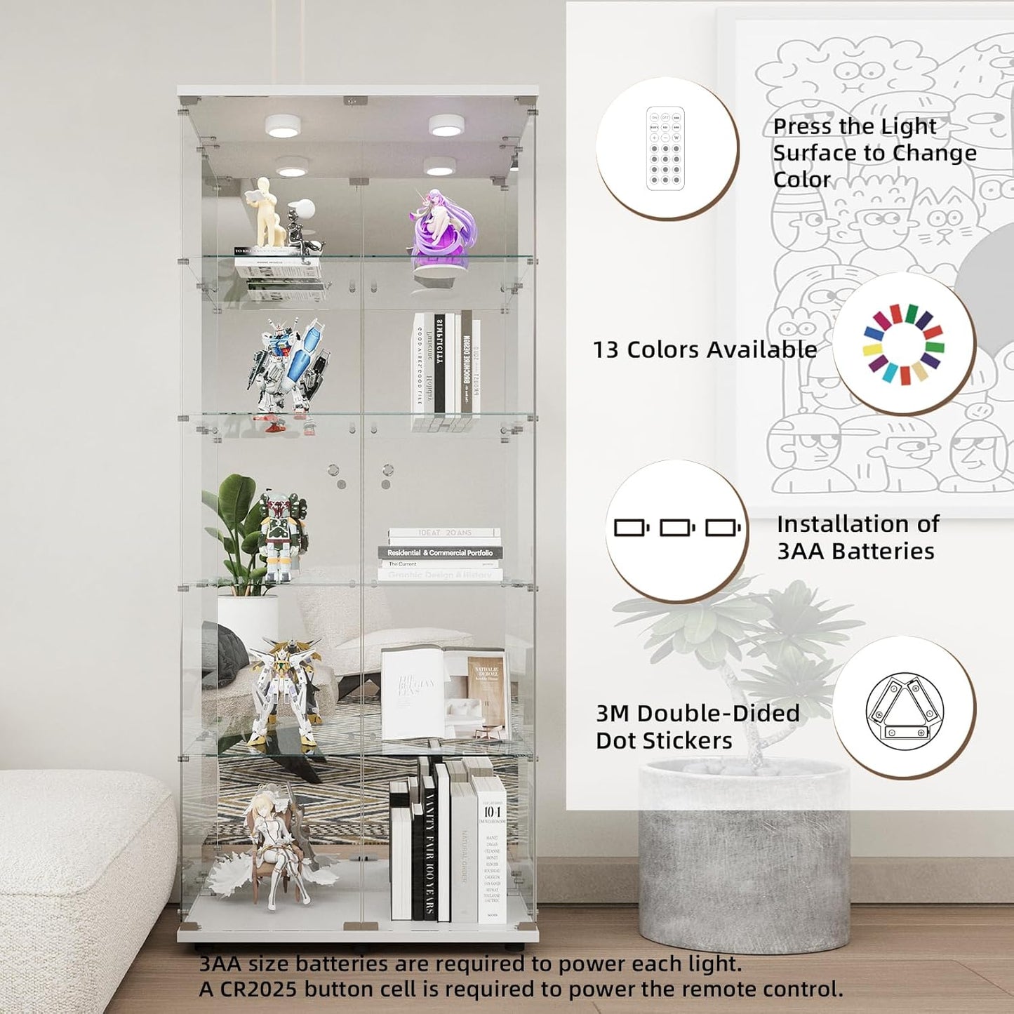 Beauty4U Glass Display Cabinet with LED Lights and Mirror, 5 Shelves with 2 Doors, Curio Cabinets for Living Room, Bedroom, Office, White Floor Standing Glass Bookshelf, Quick Installation