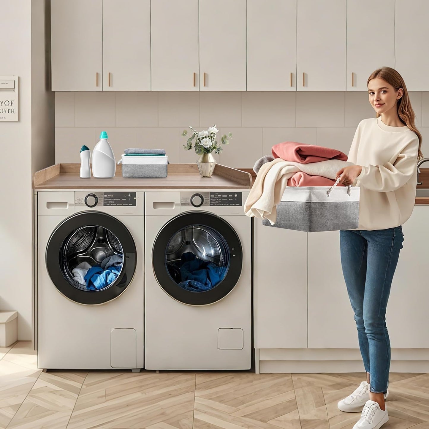 Washer Dryer Countertop with 2 Pack Storage Baskets, Wood Washer and Dryer Countertop with Non-Slip Pads/Edge Rails for Laundry Room Storage and Organization, 27.5" W x 54" L(Woodcolor)