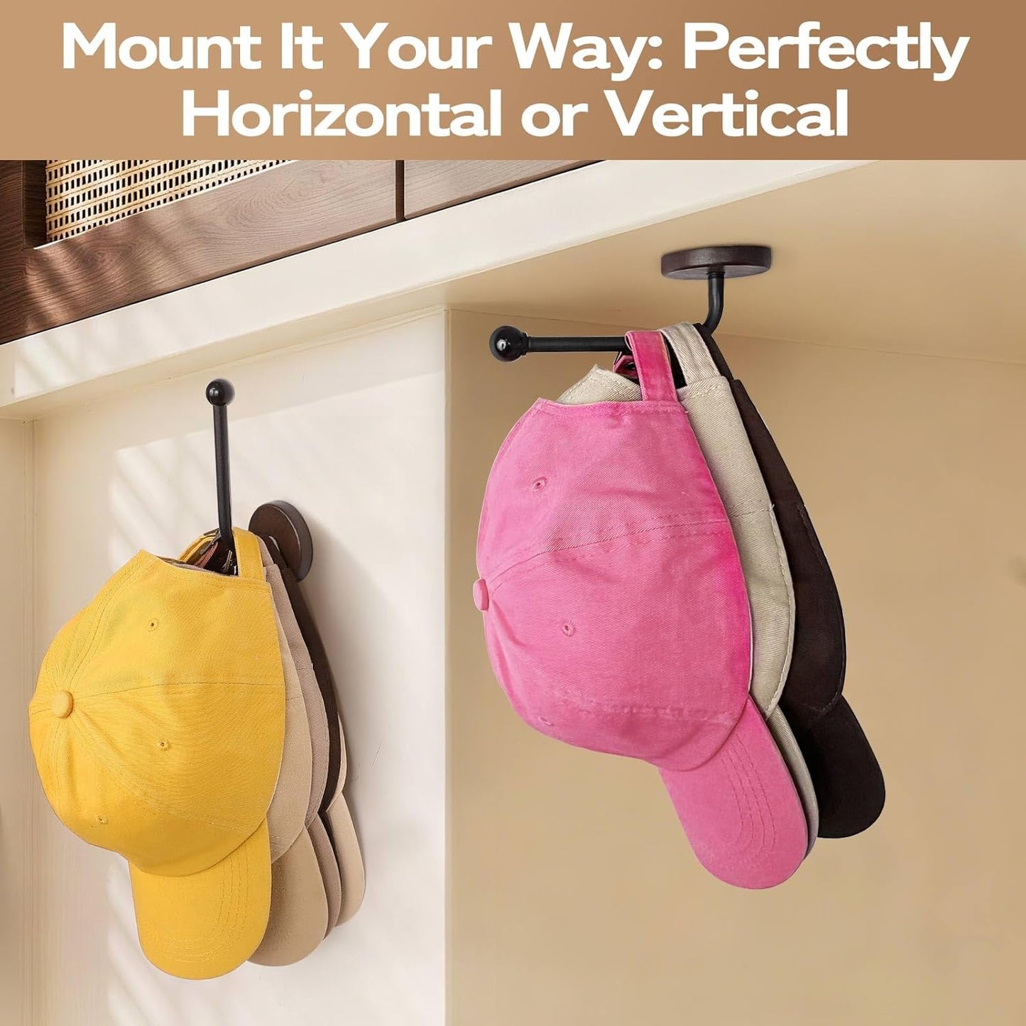 Adhesive Hat Holder Storage Organizer - Wall Mounted & Door Back Hat Rack with Wood Base & Metal Rod for Closet, Cabinet, Wardrobe (Black)