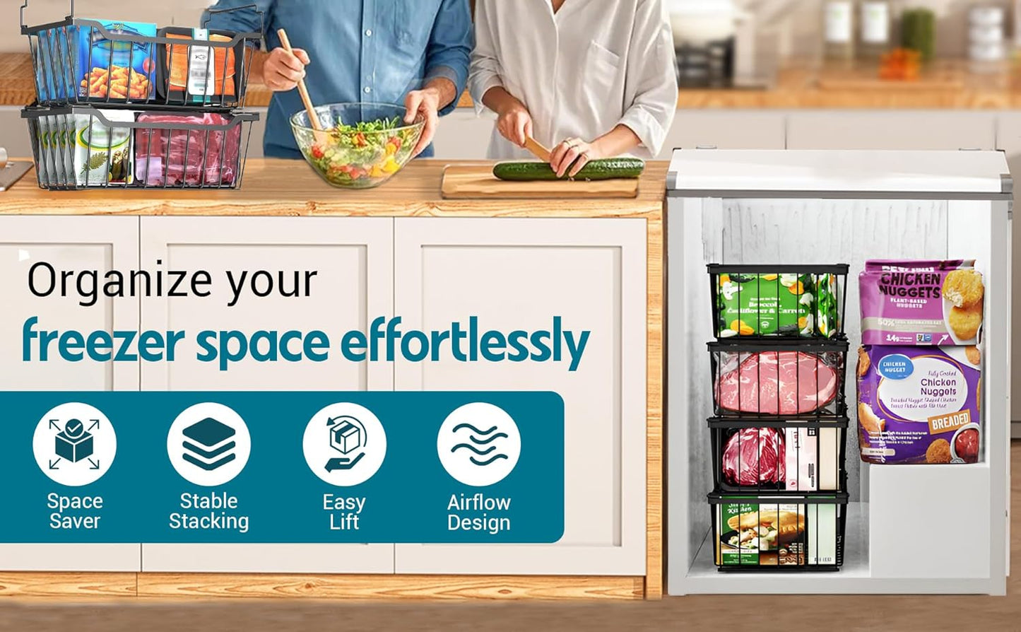 Freezer Organizer Bins with Foldable Handle, 4 Pack Stackable Freezer Baskets Deep Chest Freezer Organization, Black Metal Freezer Storage Bins Space Utilization Bins