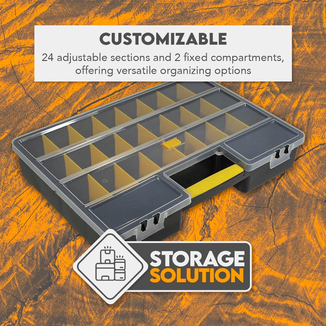 SE Adjustable 26-Compartment Plastic Storage Box - 18x12x3 Inch Organizer with Triple Lock, Translucent Lid, and Sturdy Handle - Ideal for Tools, Crafts, and Small Parts