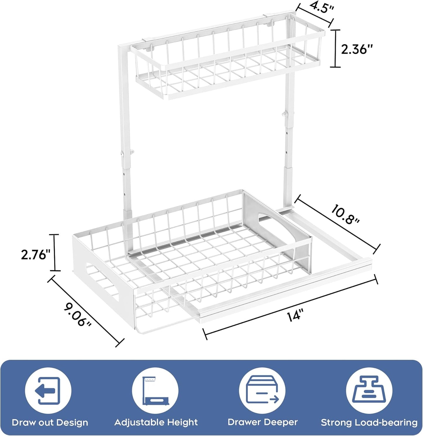 Under Sink Organizer and Storage, Height Adjustable Cabinet Organizer with Slide Out Drawer, Pull Out Under Sink Storage, Multi-Purpose 2 Tier Sink Shelves for Kitchen Bathroom Pantry (White, 1 Pack)