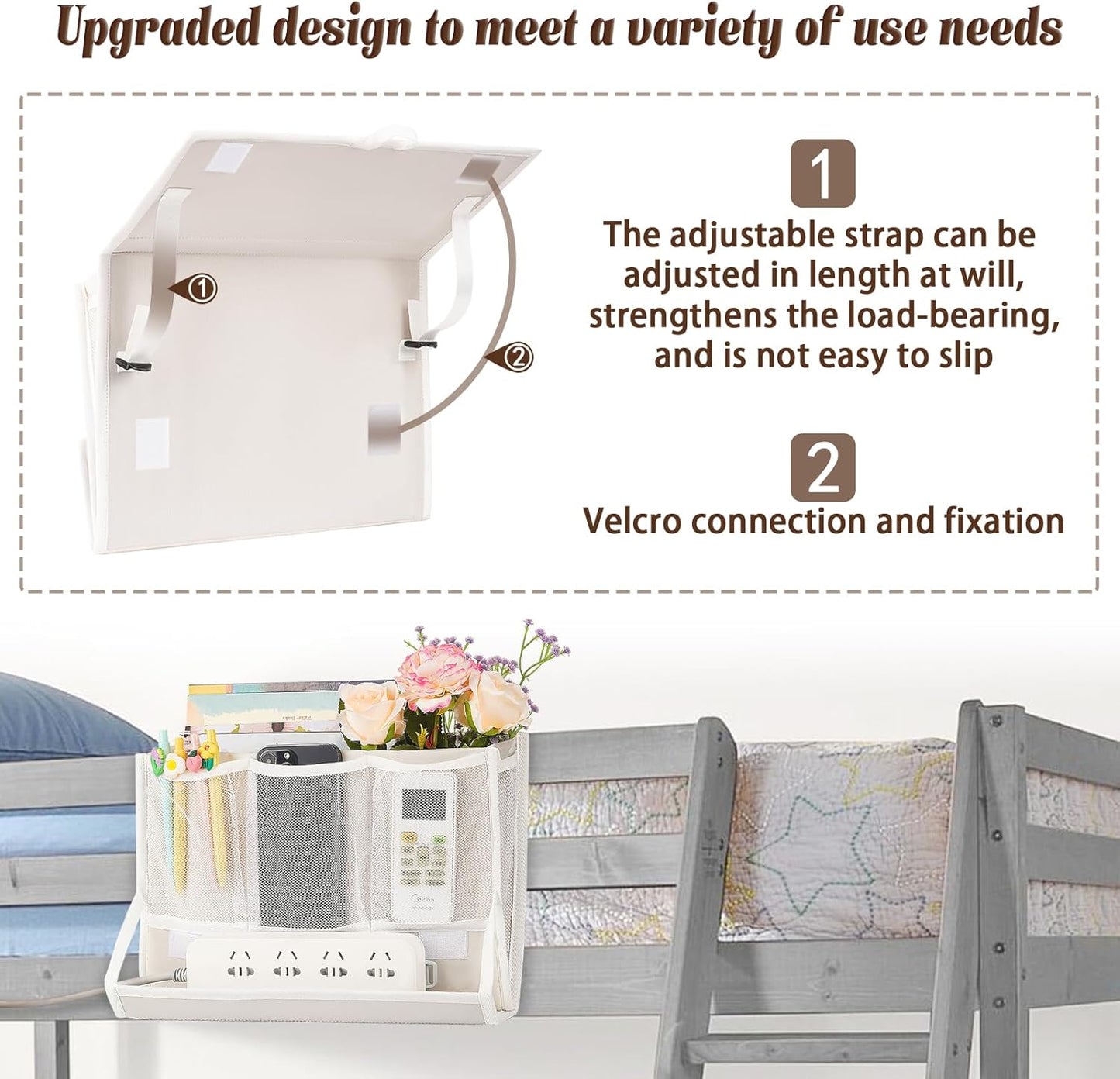 Bedside Caddy Bedside Storage Organizer Bedside Organizer with Power Strip Holder and 2 Adjustable Straps for Home Bunk Bed College Dorm Sofa (White)