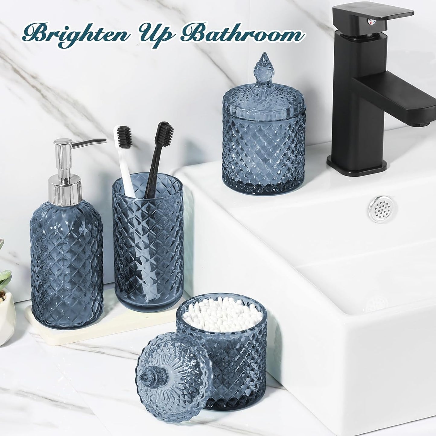 Blue Bathroom Accessories Set, 4 Pack Light Blue Bathroom Decor Accessory Sets Complete, Diamond Glass Soap Dispenser and Toothbrush Holder Set for Bath Counter Organizer Essentials